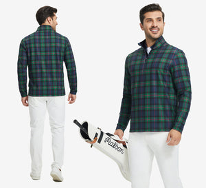 Front and back view combined in one shot, model carrying golf bag, wearing dark plaid pullover.