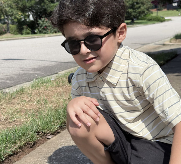 Boy in Kids Stylish Stripe Polo Shirt upper body shot, boys golf polo shirts