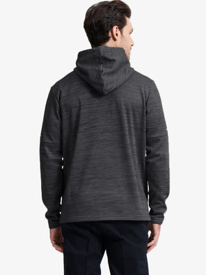 Another half-body front pose emphasizing comfort and clean lines of the DARK GREY HEATHER hoodie