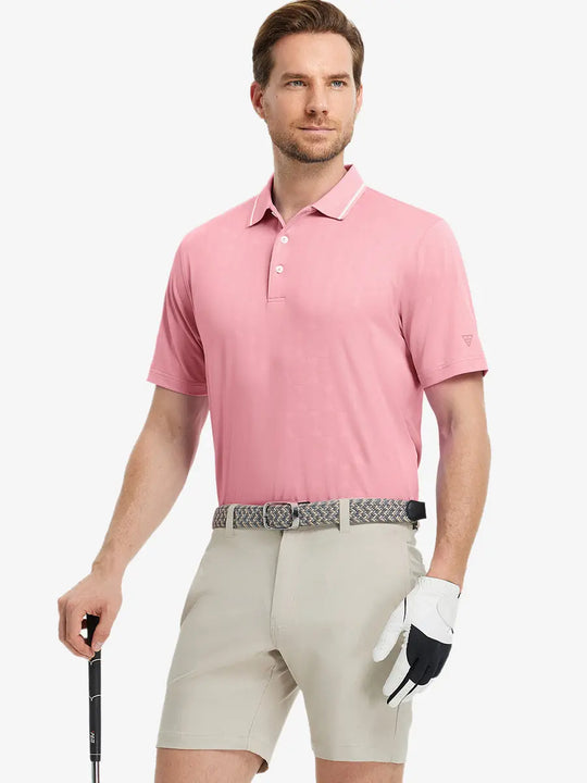 Model wearing Modern Texture Stylish Polo in CARMINE, front half-body view holding golf club.
