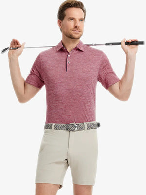 Model in Modern Fit Melange Polo DUSTY ROSE HEATHER, front half-body holding golf club with ease.