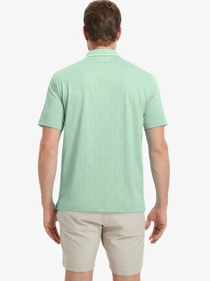 Back half-body view of Modern Texture Stylish Polo in BERYL GREEN worn by model.