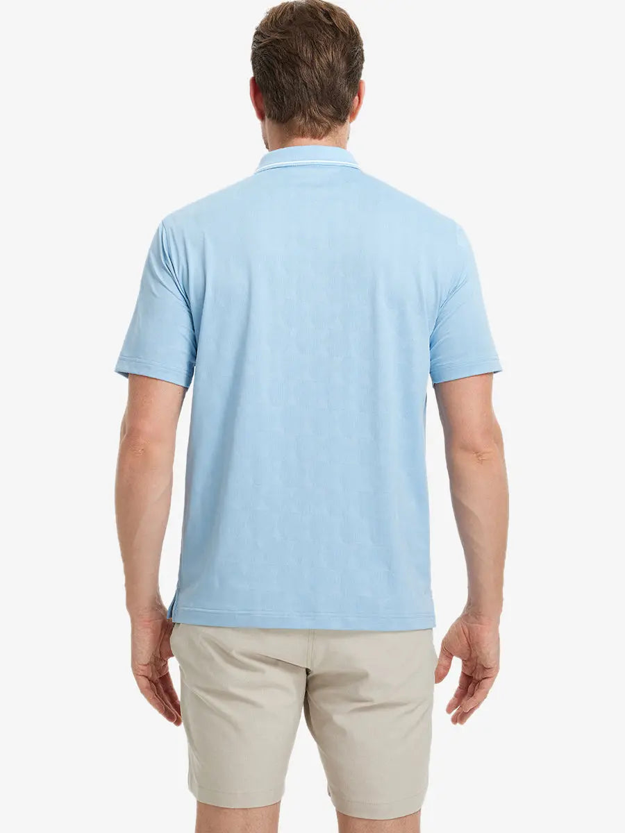 Back half-body view of Modern Texture Stylish Polo in SKY BLUE worn by model.