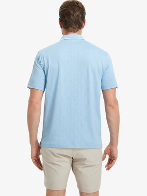 Back half-body view of Modern Texture Stylish Polo in SKY BLUE worn by model.
