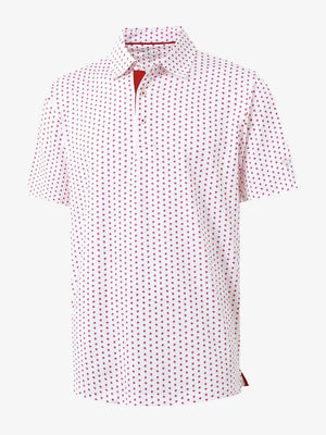 3D view of MAELREG Performance Jersey Print Polo in White Red Lion – breathable golf fabric