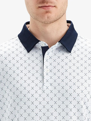 Front half-body view from nose to chest of model wearing WHITE NAV CLUE Performance Quick Dry Print Golf Polo.