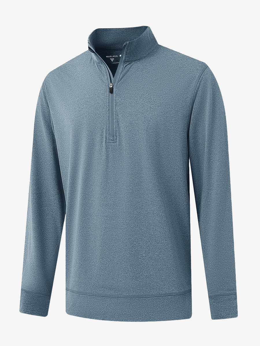 Front 3D image of quarter zip melange pullover in saxony blue melange, showing texture and details.