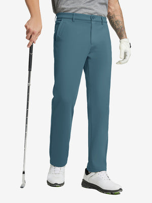 SAXONY BLUE Water-Resistant Fleece Lined Pants, male model front lower body holding golf club in right hand