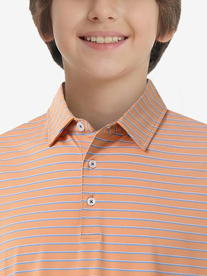 Front collar upper body of youth performance golf polos, clean neckline and orange/sky blue stripe detail