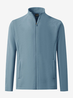 3D front view of soft winter fleece jackets in misty blue, showing cozy texture and clean design.
