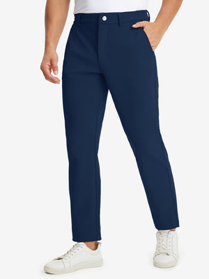 Front lower body shot of model wearing water-resistant stretch heat-tech winter trousers in navy