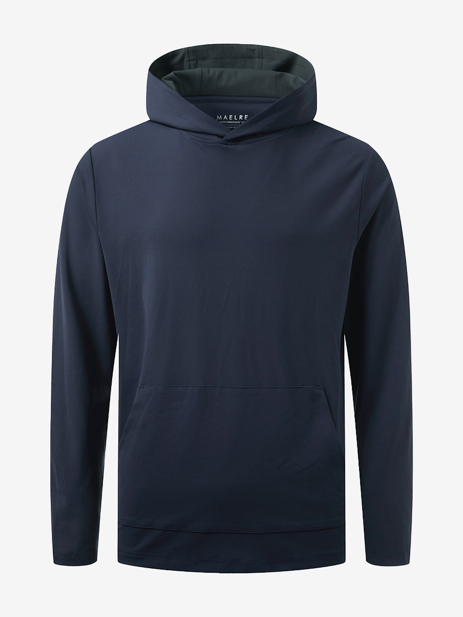 3D front view of youth long sleeve hoodied with kangaroo pocket in navy, showing clean design.