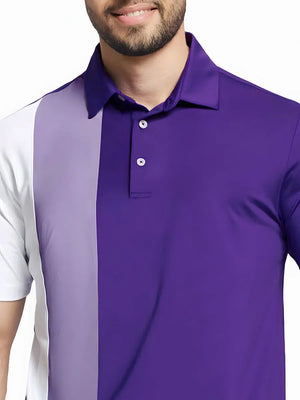 Front half-body view from nose to chest of model wearing PURPLE Moisture Wicking Color Block Polo Shirt.