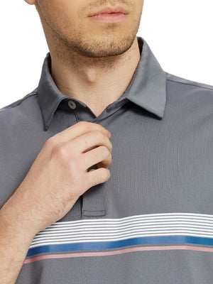 Front chest view of model wearing Chest Print Polo Shirts in LIGHT GREY