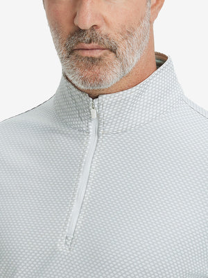 Close-up of collar area on jacquard quarter zip pullover in light grey, highlighting refined jacquard detail.