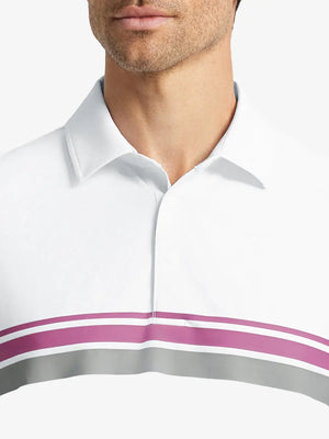 Front half-body view from nose to chest of model wearing WHITE Stylish Chest Print Snap Polo