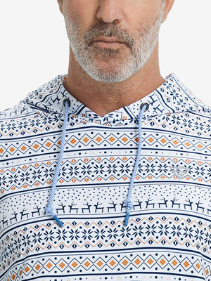 Upper front collar detail of trendy print fleece hoodies, neat stitching with christmas snowflake accent