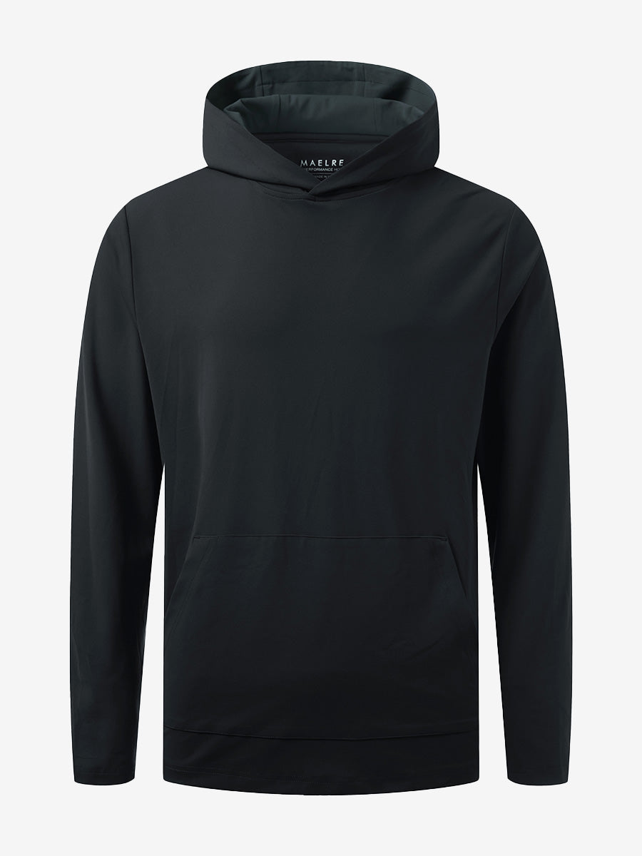 3D front view of youth long sleeve hoodied with kangaroo pocket in black, showing clean design.