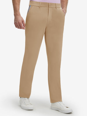 Front lower body shot of model wearing light khaki breathable casual slacks with 4 pockets