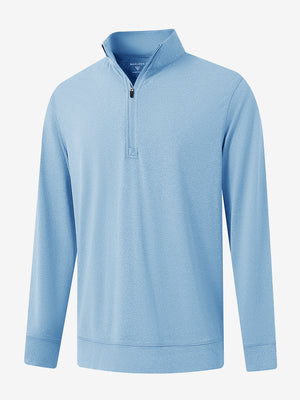 Quarter zip melange pullover in light blue melange, clean 3D front view highlighting modern casual design.