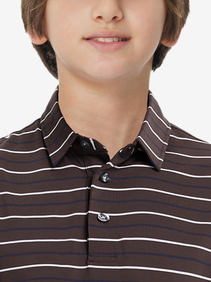 Front upper collar view of kids stylish stripe polo shirts, neat placket in brown stripe tone