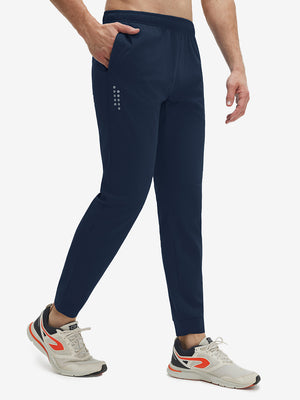 Front view of ssuperion softness mesh joggers with zipper pockets in navy
