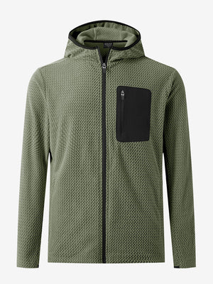 3D front view of full zip fleece hoodied jacket in green, showing soft texture and sleek cut.