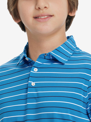 Front upper collar view of kids stylish stripe polo shirts, neat placket in classic blue stripe tone