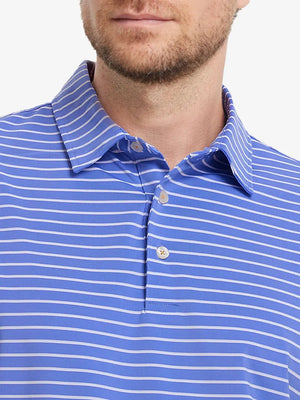 Front chest close-up of BLUISH BLUE/WHITE STRIPE Polo showing fresh yarn-dyed stripes