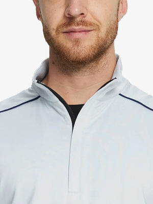 Front half-body view from nose down of model wearing GREY MIST Stretch Solid Fleece Quarter-Zip Vest.								
