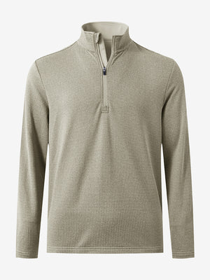 Front 3D view of casual fleece lined quarter zip pullover in dust beige, showing clean athletic fit.