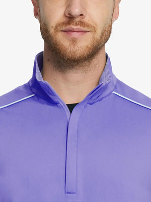 Front half-body view from nose down of model wearing LAVENDER Stretch Solid Fleece Quarter-Zip Vest.								
