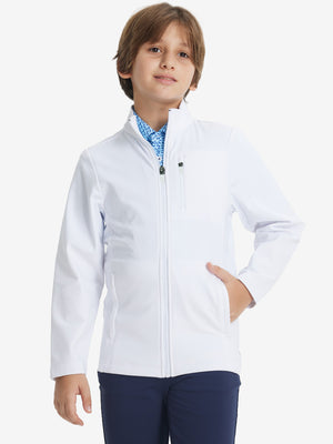 Model wearing kids soft lightweight fleece lined jacket in white, showcasing front half-body view.
