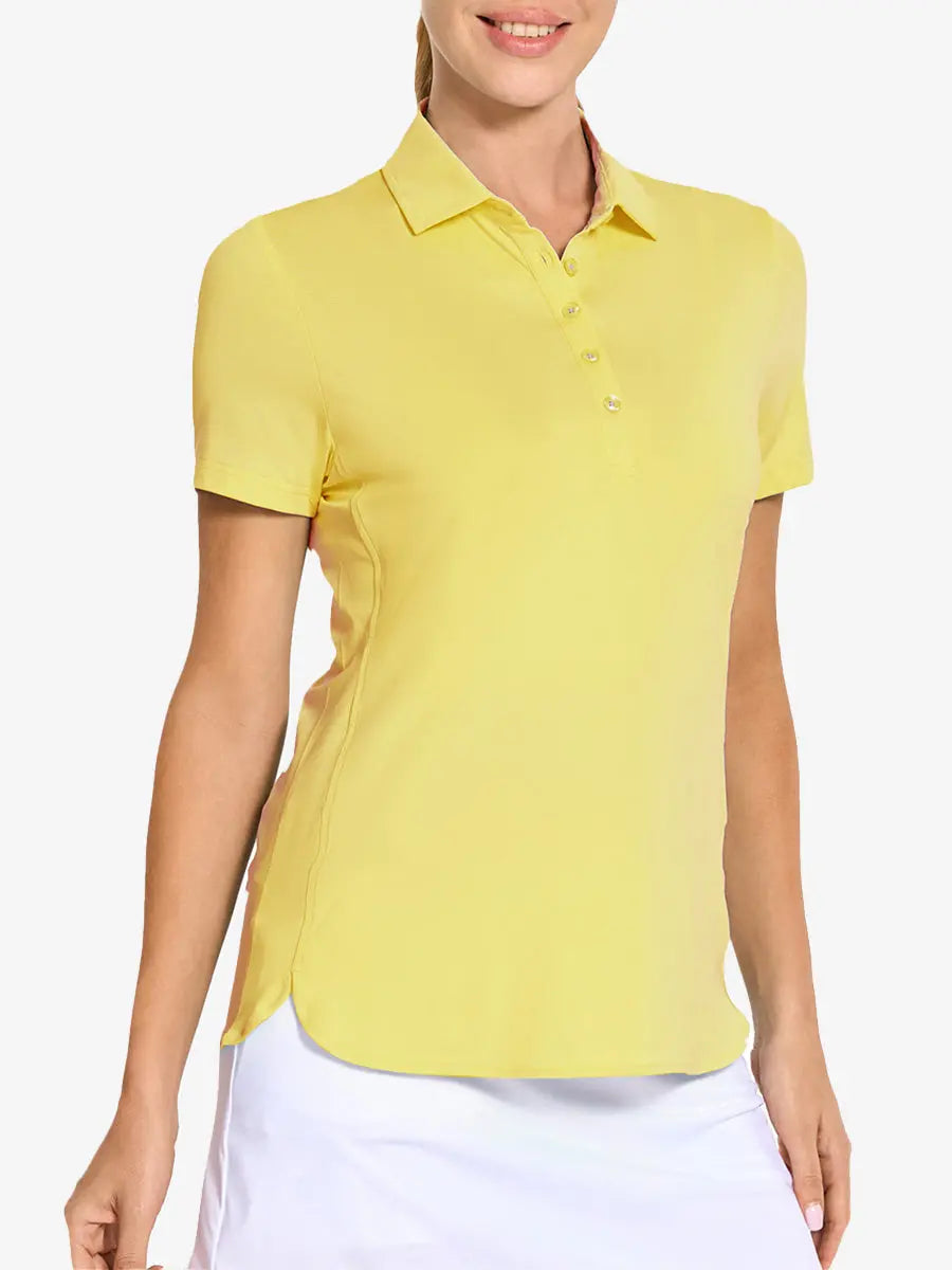 Front view from nose to hem of model wearing YELLOW Women's Performance Solid Polo with skirt