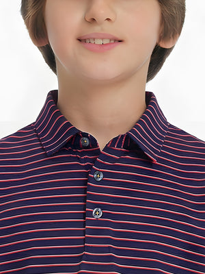 Front collar upper body of youth performance golf polos, clean neckline and navy/red stripe detail
