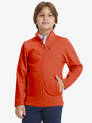 Model wearing kids soft lightweight fleece lined jacket in orange, showcasing front half-body view.