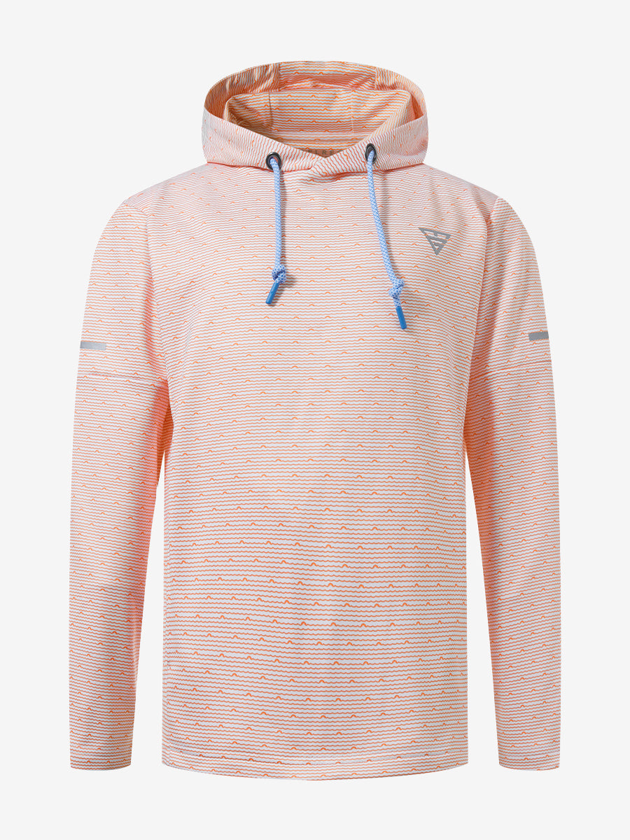 Front 3D view of youth full print hoodies pullover showing detailed fabric and fit, orange sea wave.