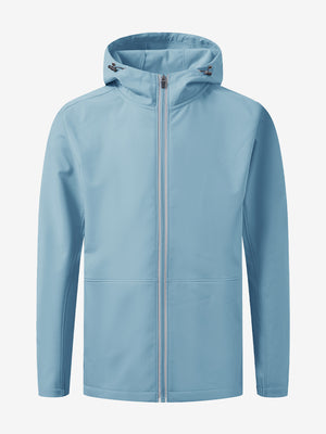 Reflective hooded softshell jacket in misty blue, clean 3D front view highlighting modern design.