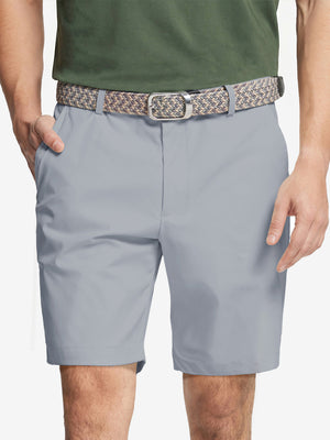 Front waist to knee view of grey water resistant golf 9 inch shorts, clean athletic fit.