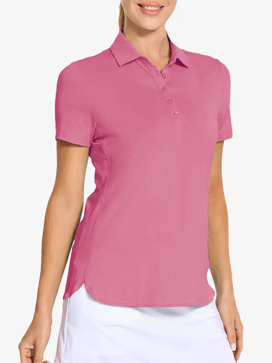 Front view from nose to hem of model wearing PINK LEMONADE Women's Performance Solid Polo with skirt