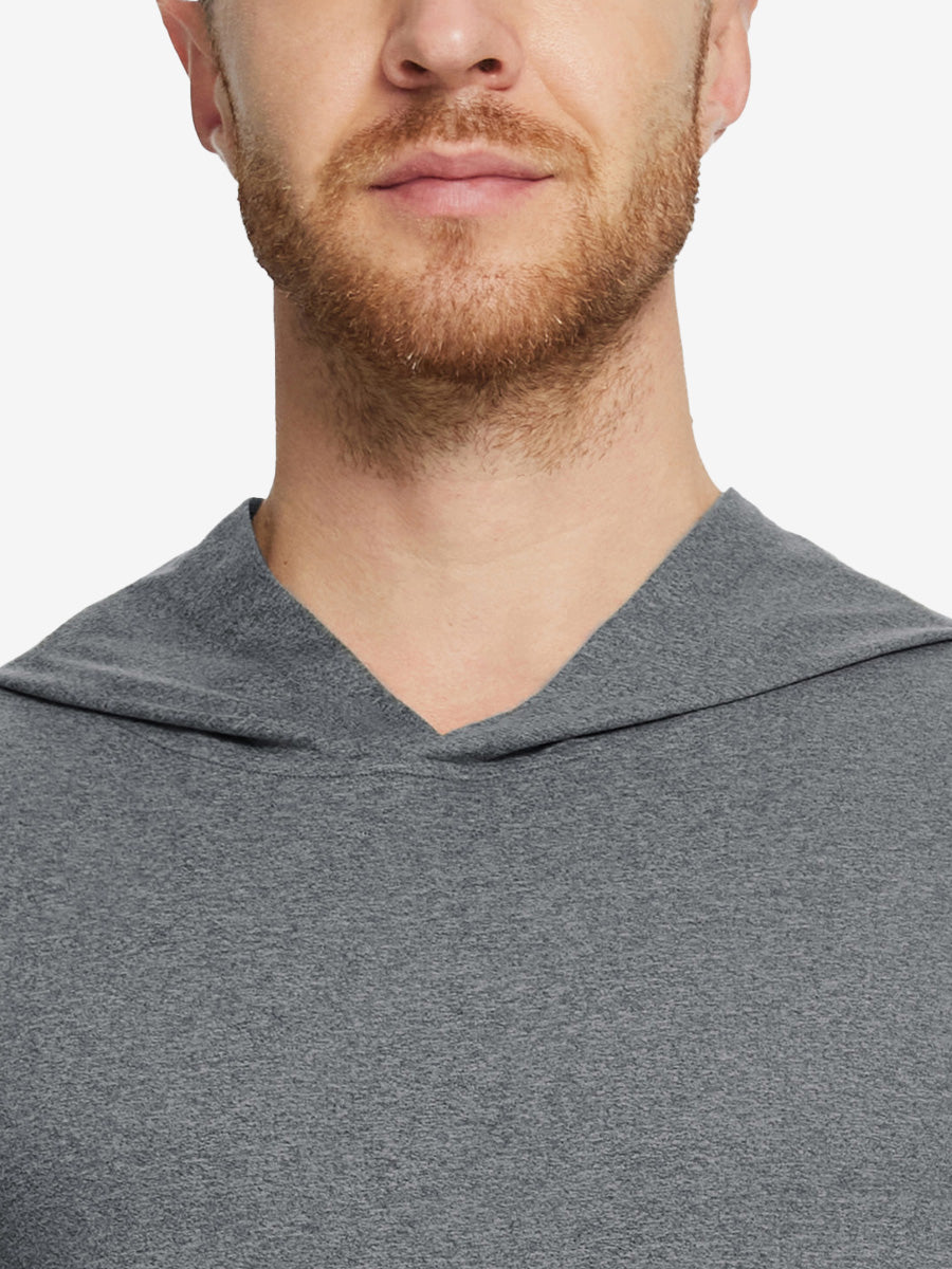 Detailed look at the collar of the Athletic Golf Hoodie, showing fabric texture in Black Grey Heather.