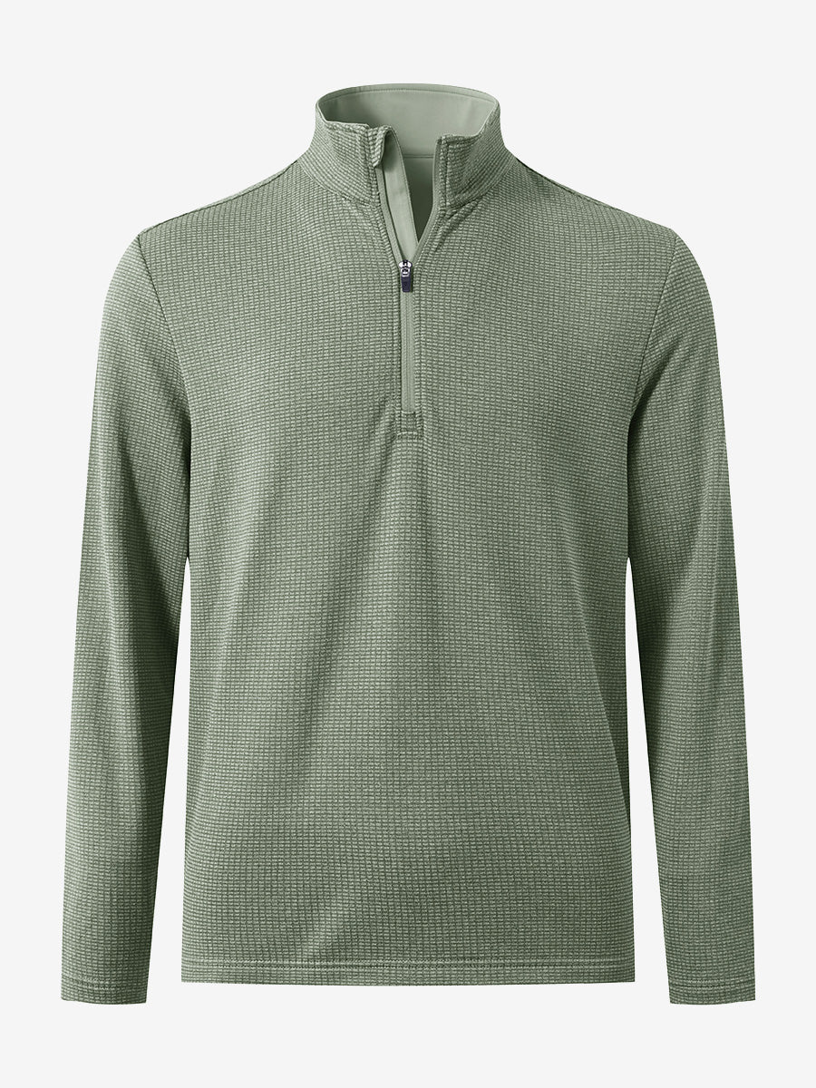 Front 3D view of casual fleece lined quarter zip pullover in green, showing clean athletic fit.