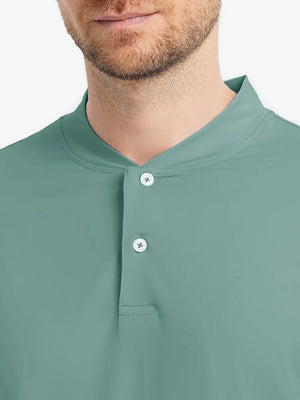 Front view from nose to chest wearing Everyday Collarless Jersey Shirt in BERYL GREEN.