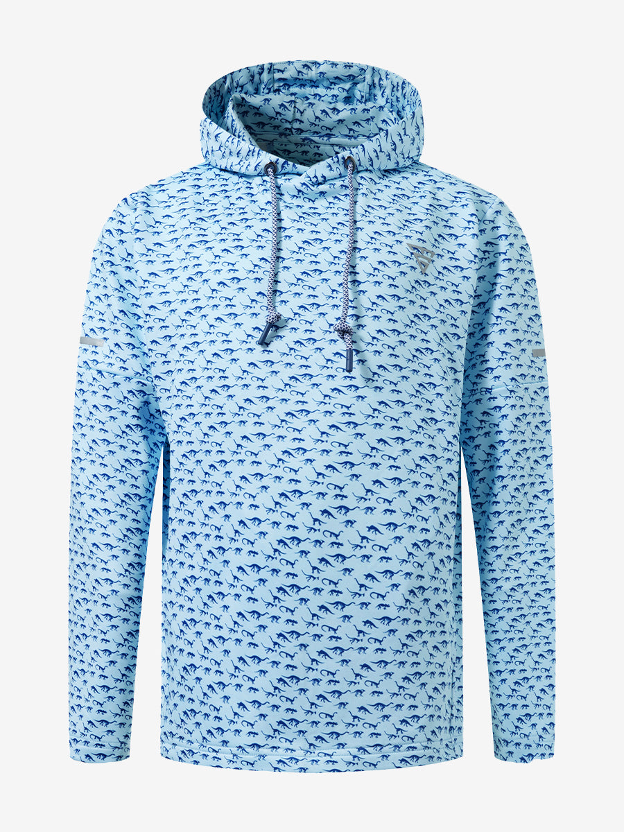 Front 3D view of youth full print hoodies pullover showing detailed fabric and fit, blue dinosaur.