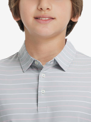 Close-up of collar on trendy boys stripe polo shirts, neat stitching with ight grey stripe accent