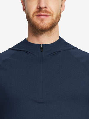 Close-up of collar detail from nose to chest, highlighting fabric and stitching of Cobalt Heather hoodie.
