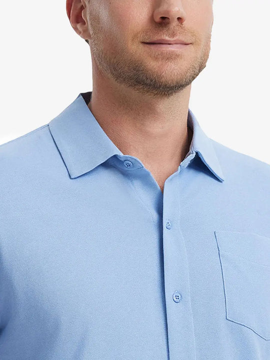 Model front view from nose to chest wearing LIGHT BLUE Cotton Blend Plain Shirt.