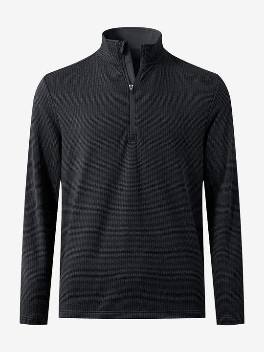 Front 3D view of casual fleece lined quarter zip pullover in black, showing clean athletic fit.