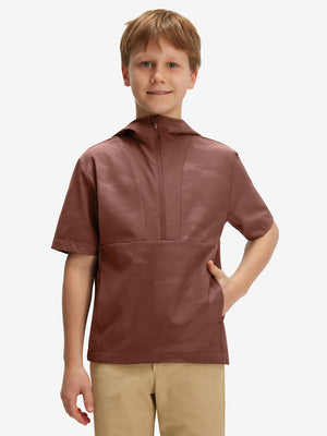 Front waist-up shot of model wearing coffee brown water-resistant short sleeve q-zip hoodie for boys