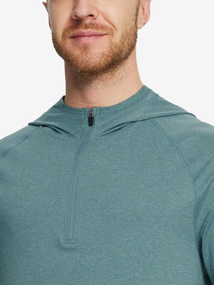 Close-up of collar detail from nose to chest, highlighting fabric and stitching of Aqua Heather hoodie.